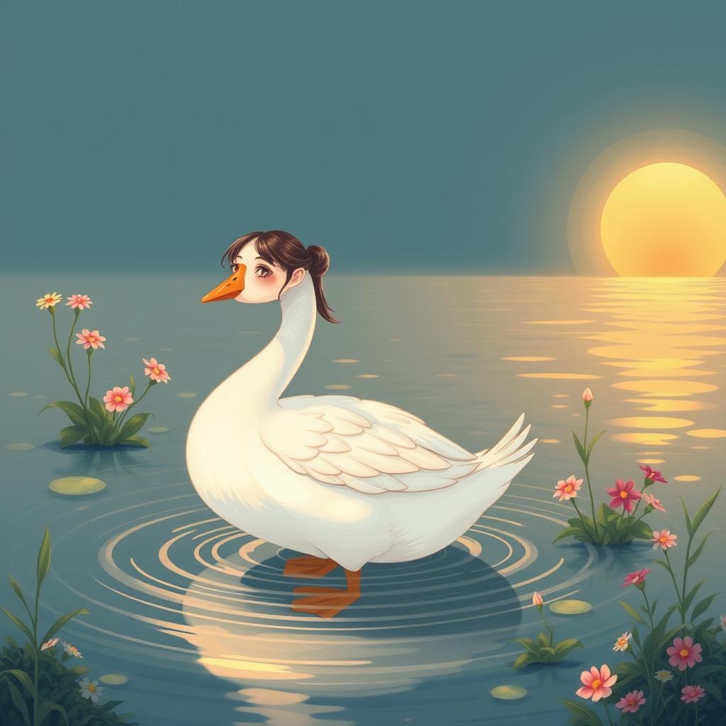 An illustration of a Nanai girl who has transformed into a beautiful goose, standing gracefully in water