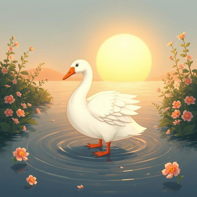 An illustration of a Nanai girl who has transformed into a beautiful goose, standing gracefully in water