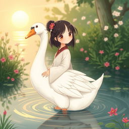 An illustration of a Nanai girl who has transformed into a beautiful goose, standing gracefully in water