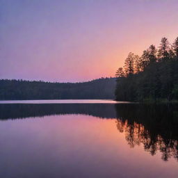 A serene and peaceful twilight scene at a beautiful lake, with orange and purple hues in the sky reflecting on the water surface, a silhouetted forest in the background.