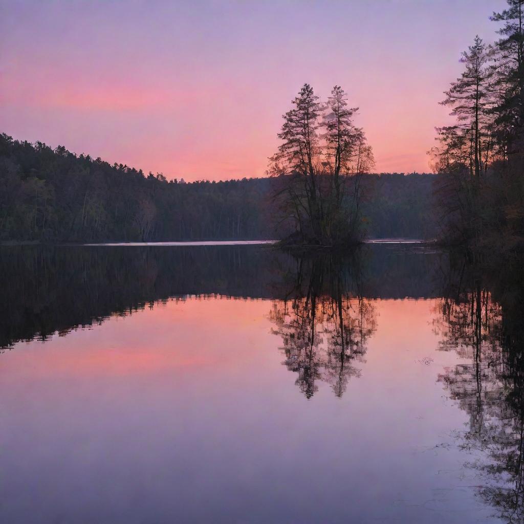 A serene and peaceful twilight scene at a beautiful lake, with orange and purple hues in the sky reflecting on the water surface, a silhouetted forest in the background.