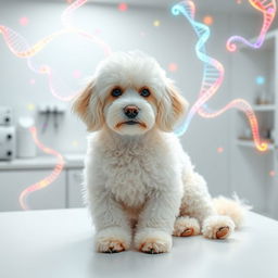 A serene scene featuring a fluffy white Poodle sitting calmly on a table inside a veterinary clinic