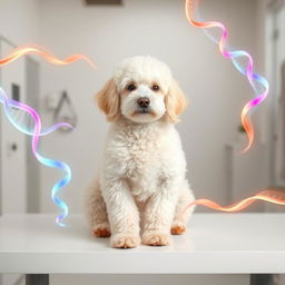 A serene scene featuring a fluffy white Poodle sitting calmly on a table inside a veterinary clinic