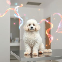 A serene scene featuring a fluffy white Poodle sitting calmly on a table inside a veterinary clinic