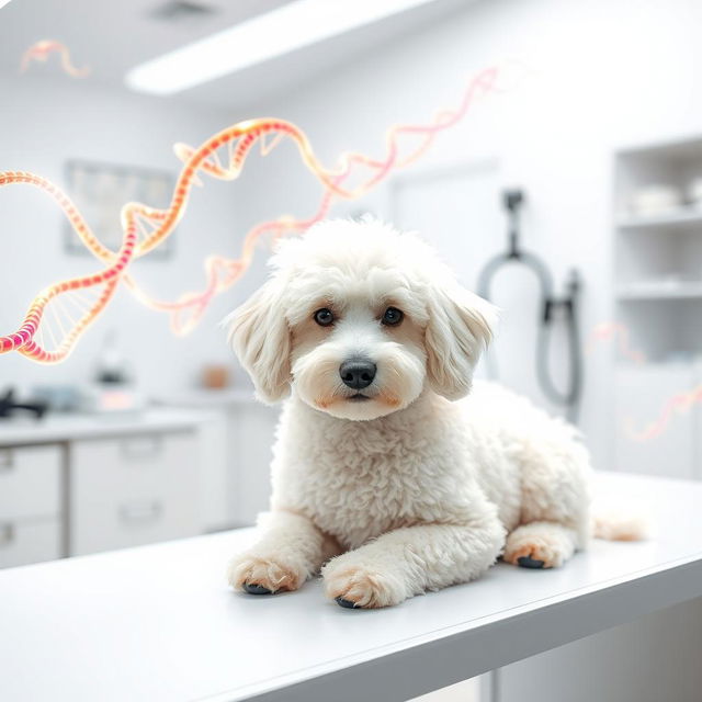 A serene scene featuring a fluffy white Poodle sitting calmly on a table inside a veterinary clinic