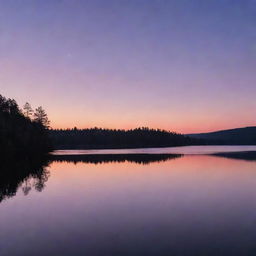 A serene and peaceful twilight scene at a beautiful lake, with orange and purple hues in the sky reflecting on the water surface, a silhouetted forest in the background.