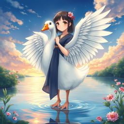 An enchanting illustration of a Nanai girl who has transformed into a goose, with wings in place of her arms, standing gracefully in water