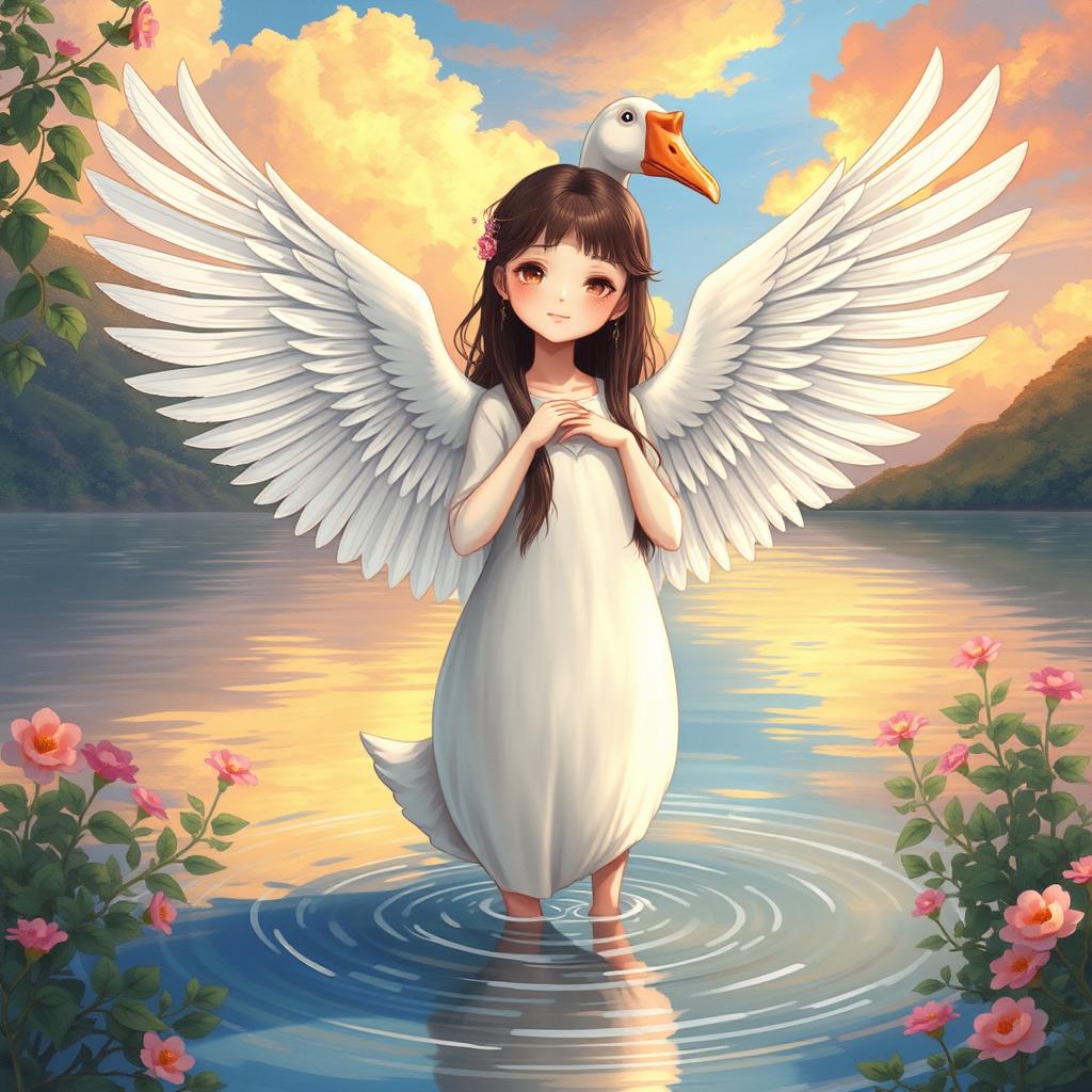 An enchanting illustration of a Nanai girl who has transformed into a goose, with wings in place of her arms, standing gracefully in water