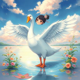 An enchanting illustration of a Nanai girl who has transformed into a goose, with wings in place of her arms, standing gracefully in water