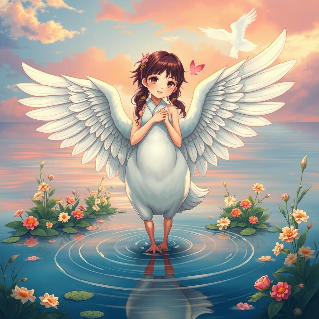 An enchanting illustration of a Nanai girl who has transformed into a goose, with wings in place of her arms, standing gracefully in water