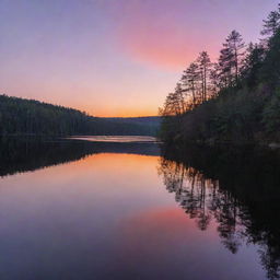 A serene and peaceful twilight scene at a beautiful lake, with orange and purple hues in the sky reflecting on the water surface, a silhouetted forest in the background.