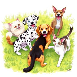 A lively scene depicting a variety of cats and dogs of different breeds happily playing together on a vibrant green grass lawn, all set against a transparent background