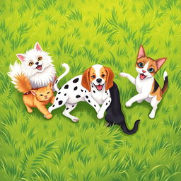 A lively scene depicting a variety of cats and dogs of different breeds happily playing together on a vibrant green grass lawn, all set against a transparent background