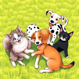 A lively scene depicting a variety of cats and dogs of different breeds happily playing together on a vibrant green grass lawn, all set against a transparent background