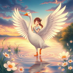 An illustration in a 3:4 format of a Nanai girl who has transformed into a graceful goose, with wings replacing her arms, standing elegantly in water