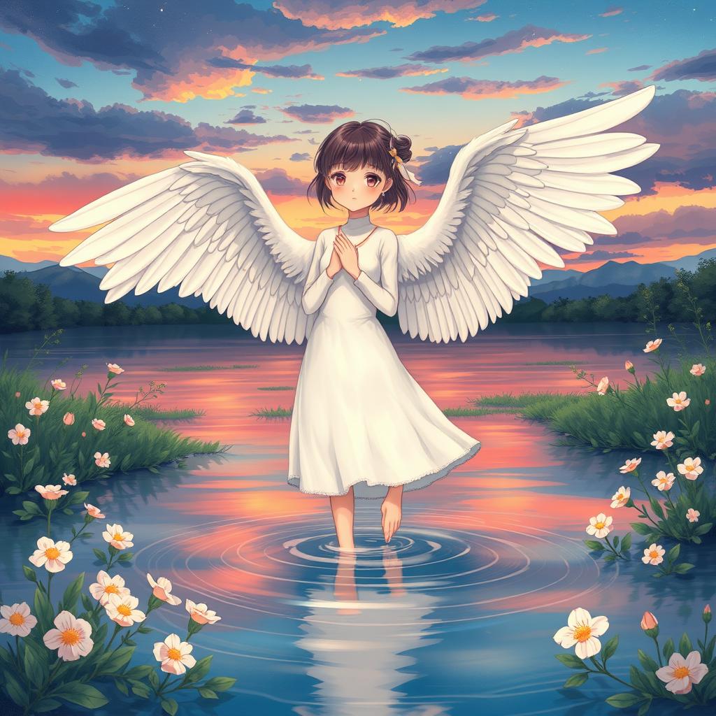 An illustration in a 3:4 format of a Nanai girl who has transformed into a graceful goose, with wings replacing her arms, standing elegantly in water