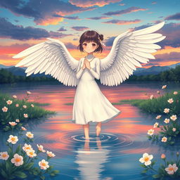An illustration in a 3:4 format of a Nanai girl who has transformed into a graceful goose, with wings replacing her arms, standing elegantly in water