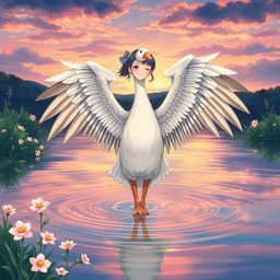 An illustration in a 3:4 format of a Nanai girl who has transformed into a graceful goose, with wings replacing her arms, standing elegantly in water