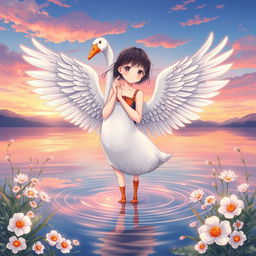 An illustration in a 3:4 format of a Nanai girl who has transformed into a graceful goose, with wings replacing her arms, standing elegantly in water