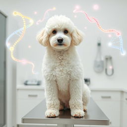 A pristine scene featuring a fluffy white Poodle sitting confidently on a table in a veterinary clinic