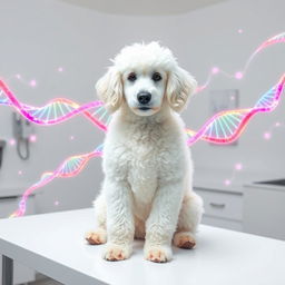 A pristine scene featuring a fluffy white Poodle sitting confidently on a table in a veterinary clinic