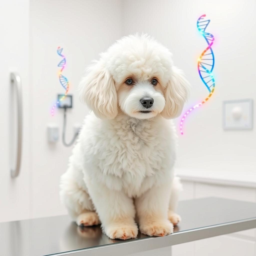 A pristine scene featuring a fluffy white Poodle sitting confidently on a table in a veterinary clinic