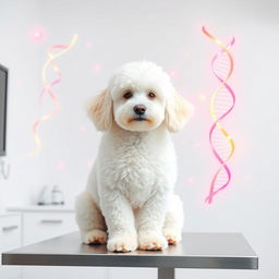 A pristine scene featuring a fluffy white Poodle sitting confidently on a table in a veterinary clinic