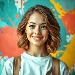 A vibrant and engaging profile picture featuring a confident young adult with a friendly smile, set against a colorful abstract background