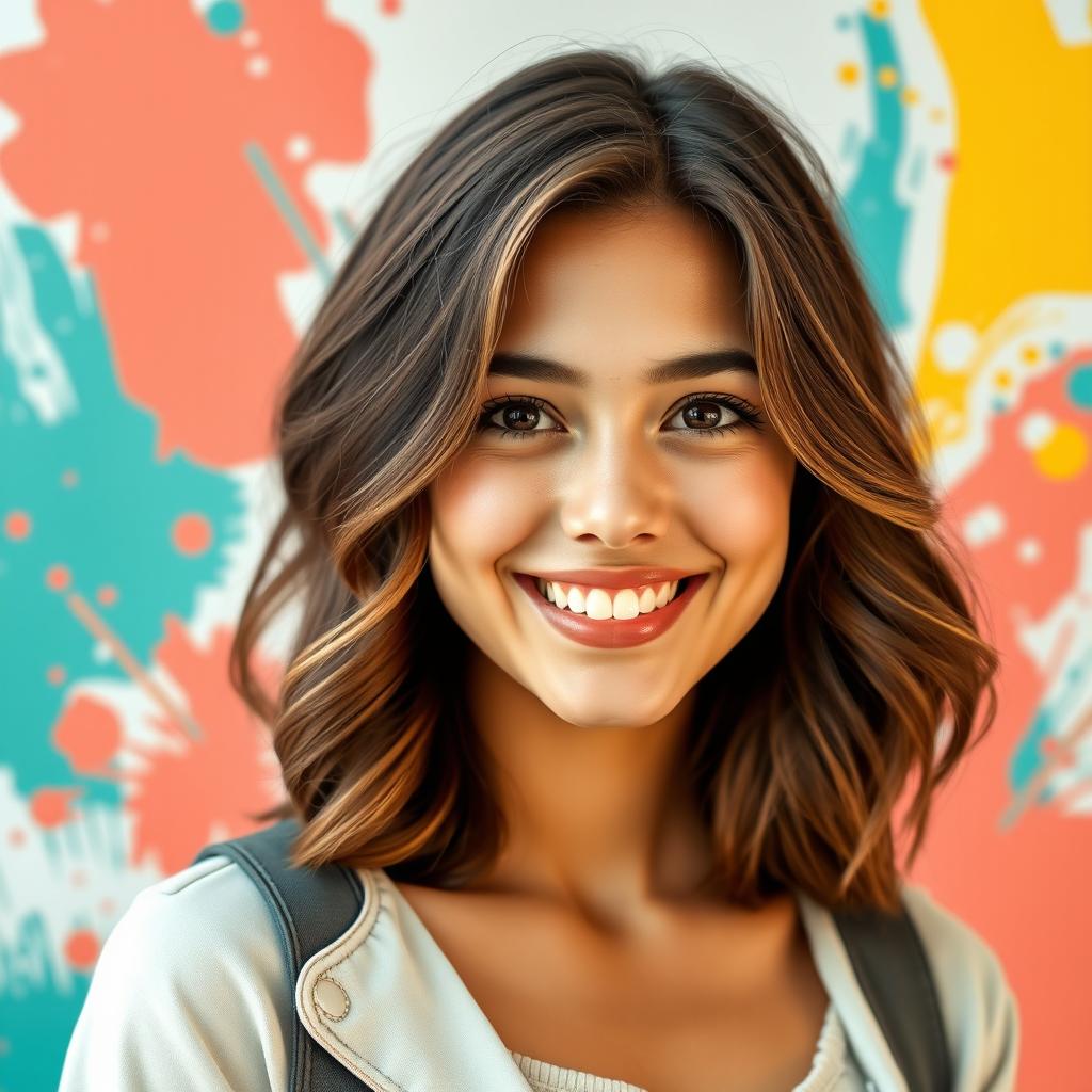 A vibrant and engaging profile picture featuring a confident young adult with a friendly smile, set against a colorful abstract background