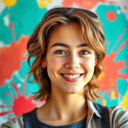 A vibrant and engaging profile picture featuring a confident young adult with a friendly smile, set against a colorful abstract background