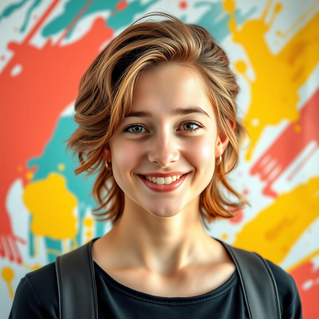 A vibrant and engaging profile picture featuring a confident young adult with a friendly smile, set against a colorful abstract background