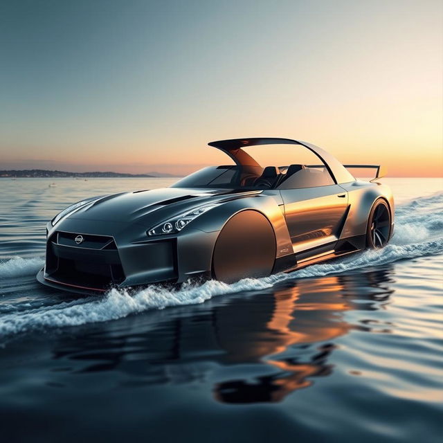 An imaginative design of a Nissan GTR reimagined as a sleek and modern boat