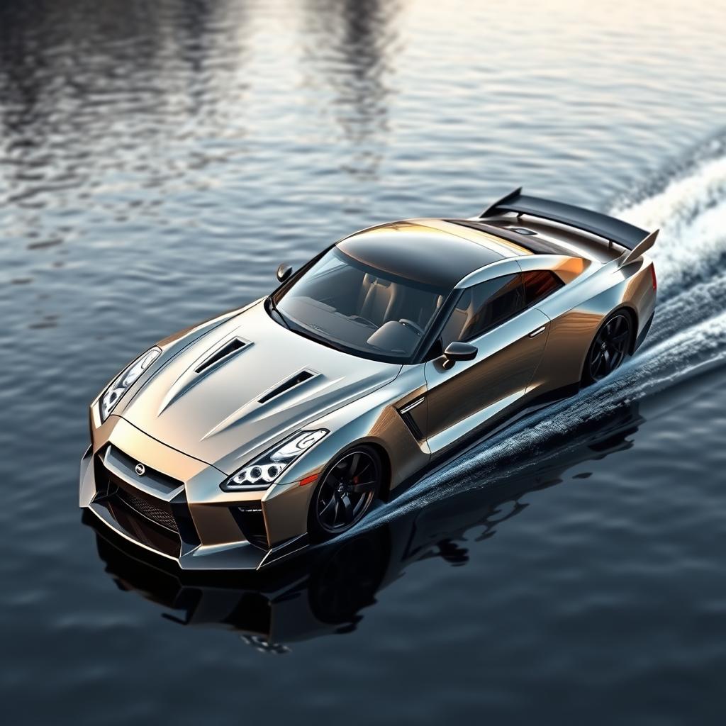 An imaginative design of a Nissan GTR reimagined as a sleek and modern boat