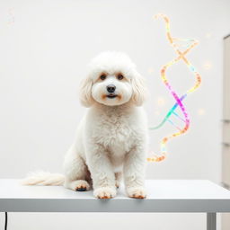 A charming scene featuring a fluffy white Poodle sitting gracefully on a table in a veterinary clinic