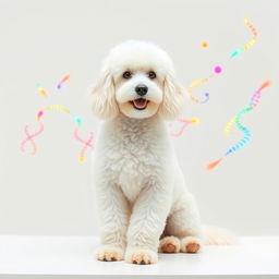 A charming scene featuring a fluffy white Poodle sitting gracefully on a table in a veterinary clinic