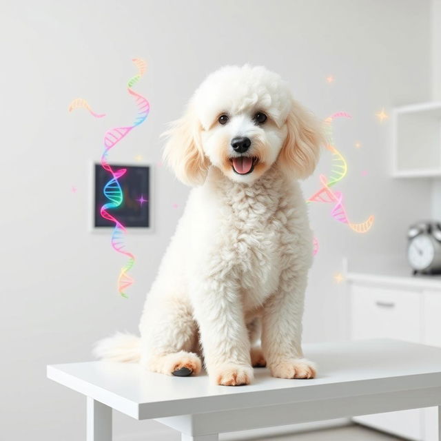 A charming scene featuring a fluffy white Poodle sitting gracefully on a table in a veterinary clinic