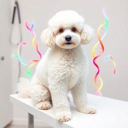 A charming scene featuring a fluffy white Poodle sitting gracefully on a table in a veterinary clinic