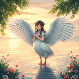 A captivating image of a Nanai girl who has transformed into a goose, with wings in place of her arms, standing gracefully in water