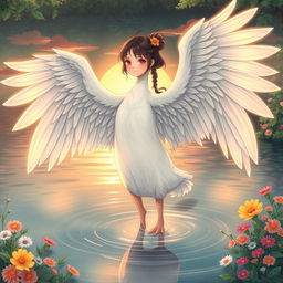 A captivating image of a Nanai girl who has transformed into a goose, with wings in place of her arms, standing gracefully in water