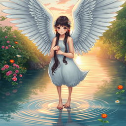 A captivating image of a Nanai girl who has transformed into a goose, with wings in place of her arms, standing gracefully in water