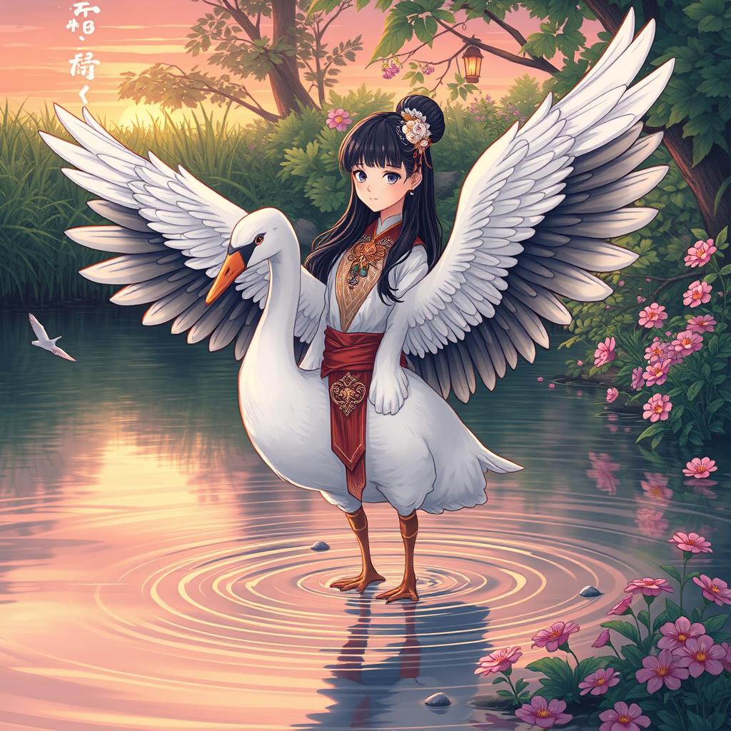 A captivating image of a Nanai girl who has transformed into a goose, with wings in place of her arms, standing gracefully in water