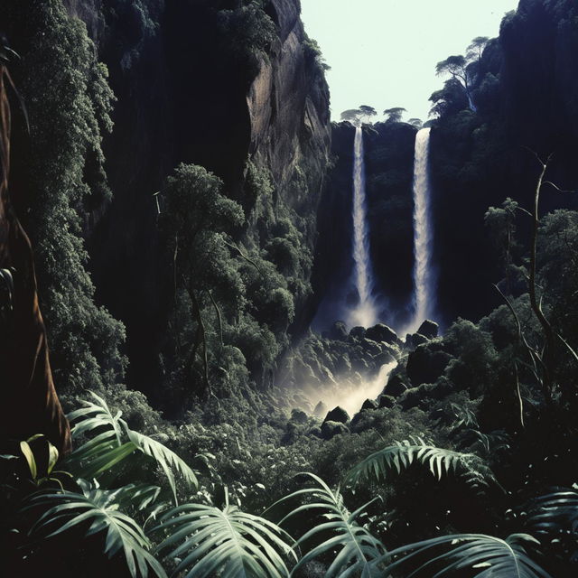 Different shot of an intense, vibrant high-definition cinema photography style of an African jungle with a dramatic waterfall and intense cliffs.