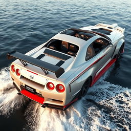 A creative design of a Nissan GTR-R34 transformed into a high-performance boat