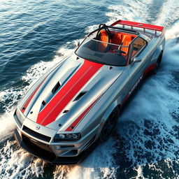 A creative design of a Nissan GTR-R34 transformed into a high-performance boat