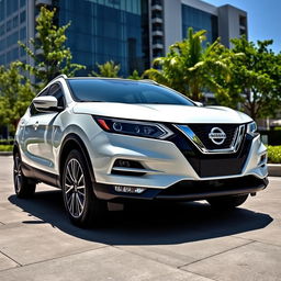 A Nissan Qashqai 2023, featuring a striking white exterior that exudes elegance and sophistication, parked in a sleek urban environment on a sunny day