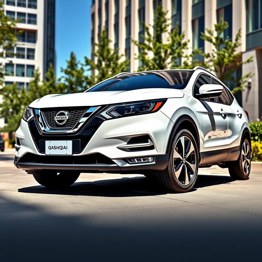 A Nissan Qashqai 2023, featuring a striking white exterior that exudes elegance and sophistication, parked in a sleek urban environment on a sunny day