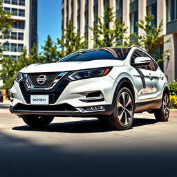 A Nissan Qashqai 2023, featuring a striking white exterior that exudes elegance and sophistication, parked in a sleek urban environment on a sunny day