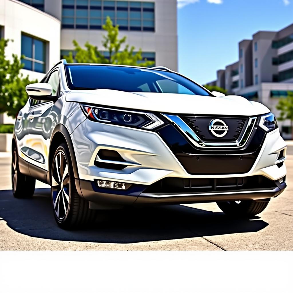 A Nissan Qashqai 2023, featuring a striking white exterior that exudes elegance and sophistication, parked in a sleek urban environment on a sunny day