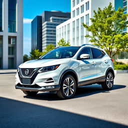 A Nissan Qashqai 2023, featuring a striking white exterior that exudes elegance and sophistication, parked in a sleek urban environment on a sunny day