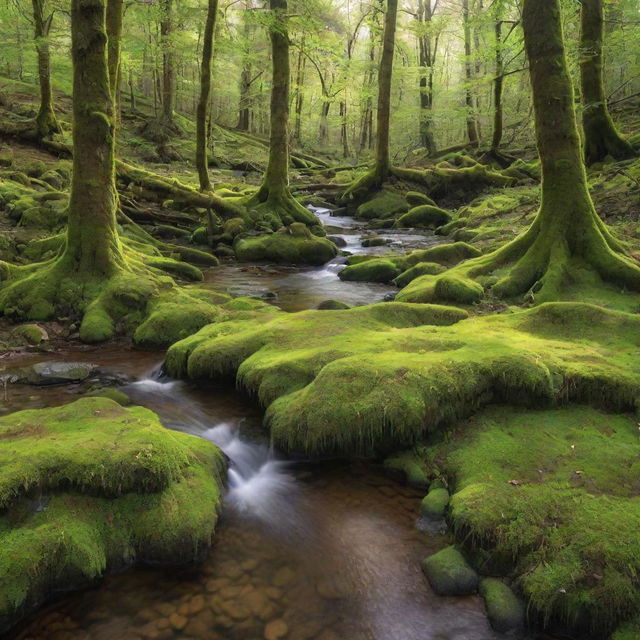 A breathtaking view of a vivid green forest, with sunlight filtering through the canopy, forming bright spots on the mossy ground, and a gentle stream flowing amid the trees.